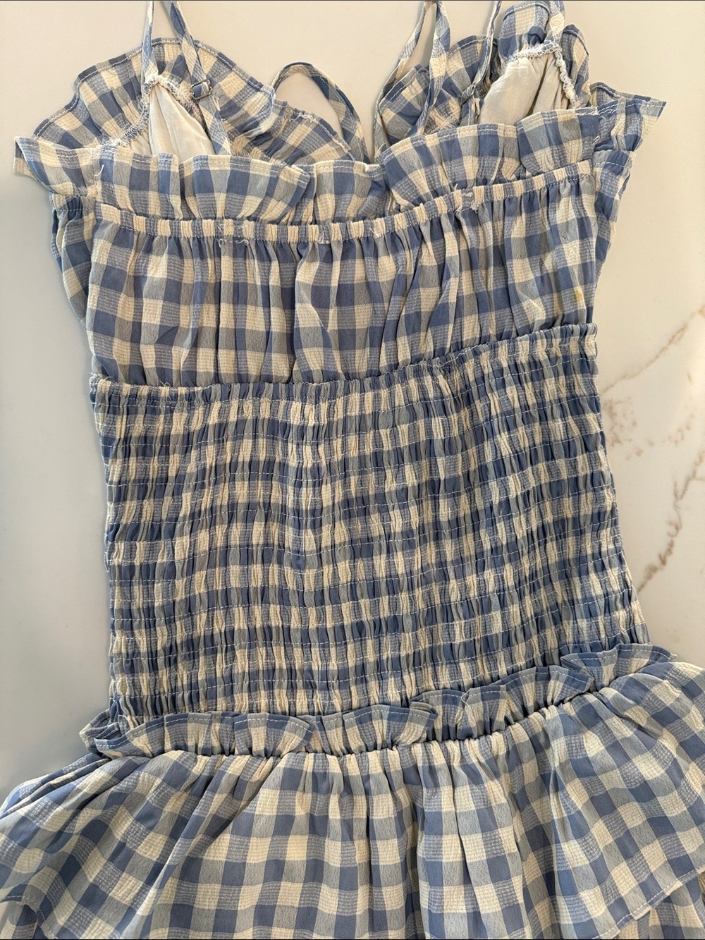 Blue Gingham Ruffle Mini Dress with Spaghetti Straps - Picture 6 of 6